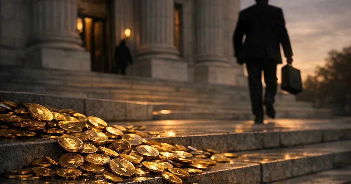 Silhouetted figure leaving government building as cryptocurrency coins spill across steps in golden light