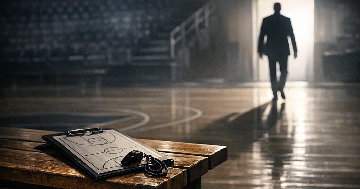 Abandoned coaching equipment on bench as silhouetted figure exits through lit doorway in empty basketball arena