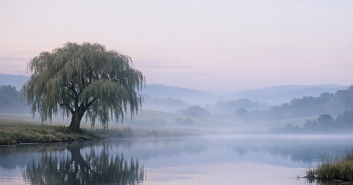 Peaceful misty landscape with willow tree beside calm pond at dawn
