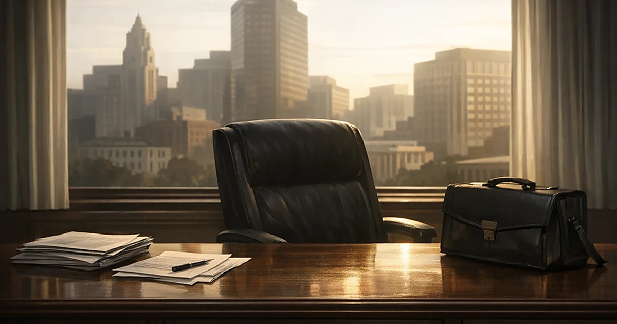 Empty government office desk with chair pushed back, briefcase and papers visible, office buildings in background