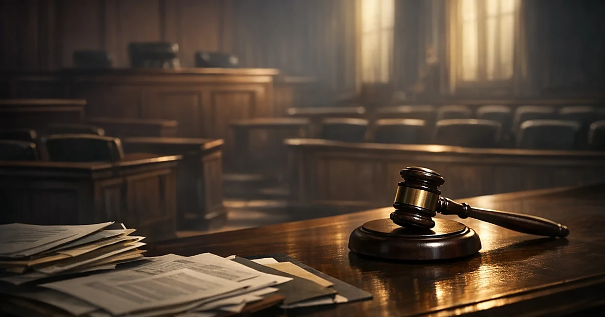 Empty federal courtroom with judge's gavel on bench and legal documents on table in dramatic lighting