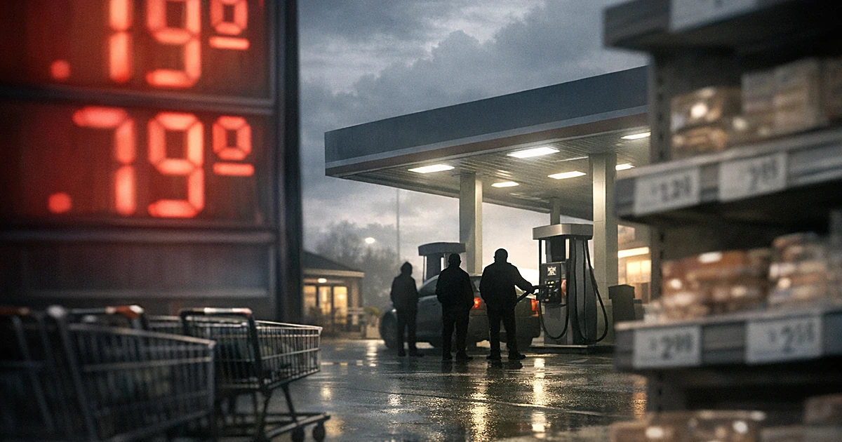 Gas station price display with rising numbers as silhouetted figures pump fuel under overcast sky