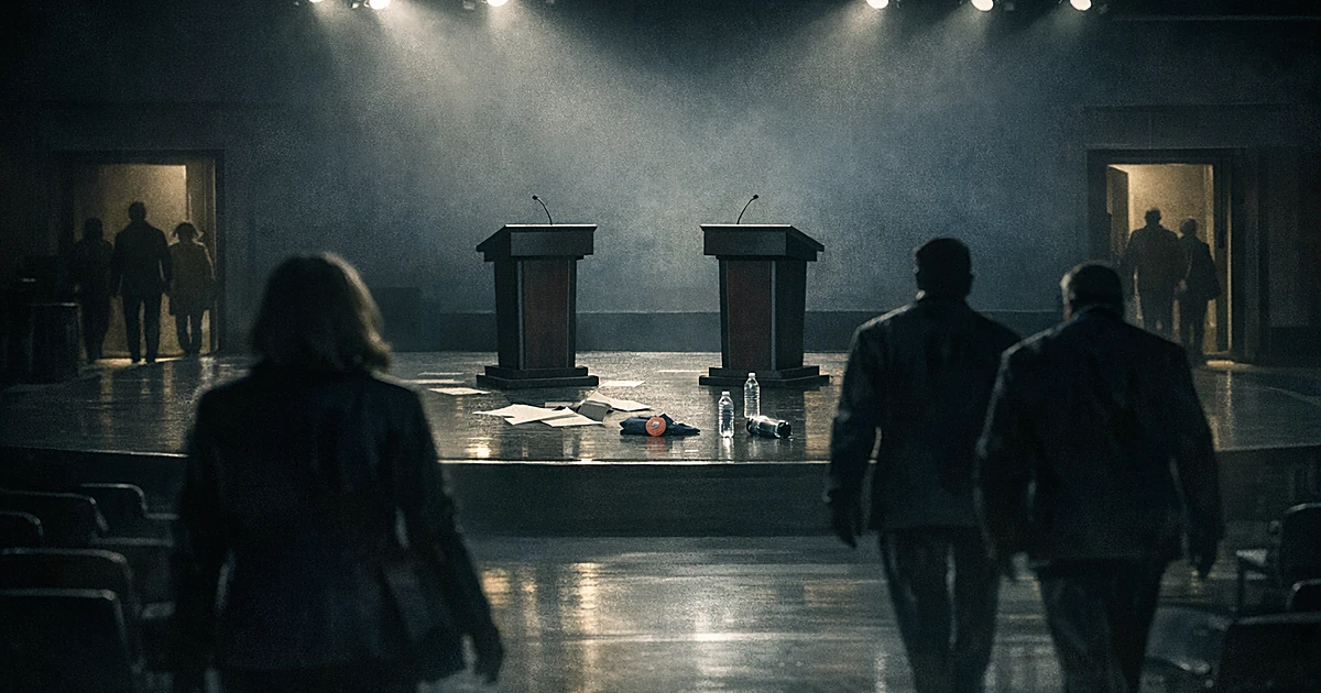 Empty debate stage with podiums under spotlights, silhouettes of people walking away, scattered materials on floor
