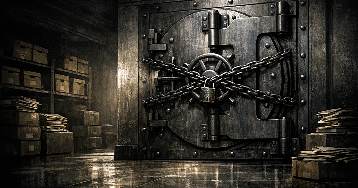 Locked vault door with chains blocking access to archived tax documents in a dark institutional setting