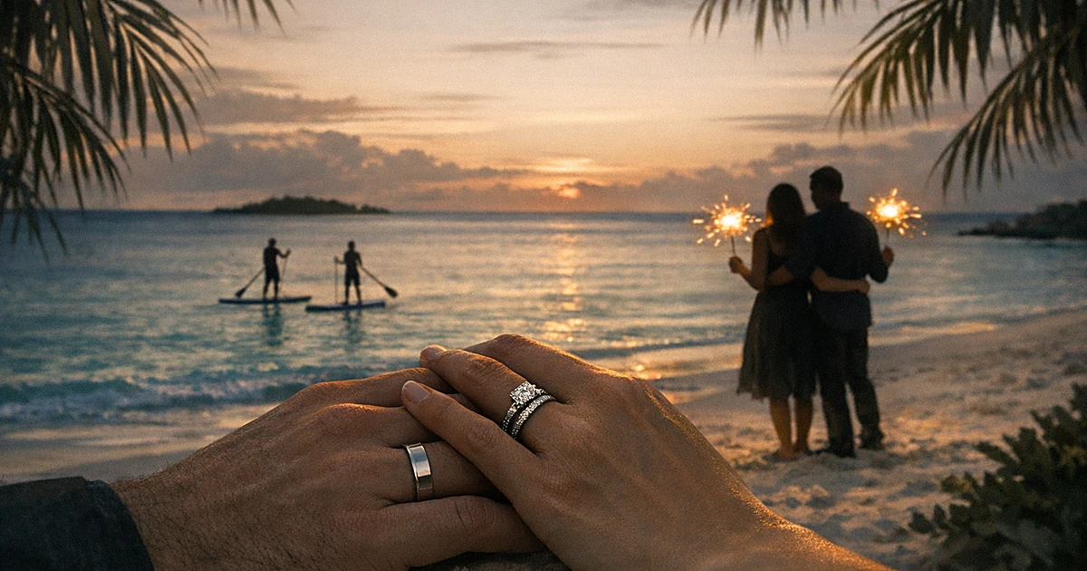 Silhouetted figures with sparklers on tropical beach, hands with wedding rings in foreground, paddleboarders in distance