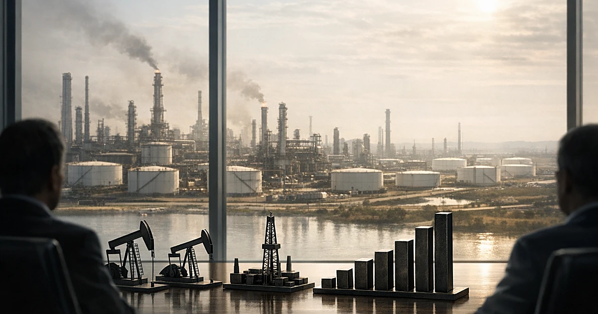 Boardroom table with oil derrick models and rising charts, overlooking refinery through windows
