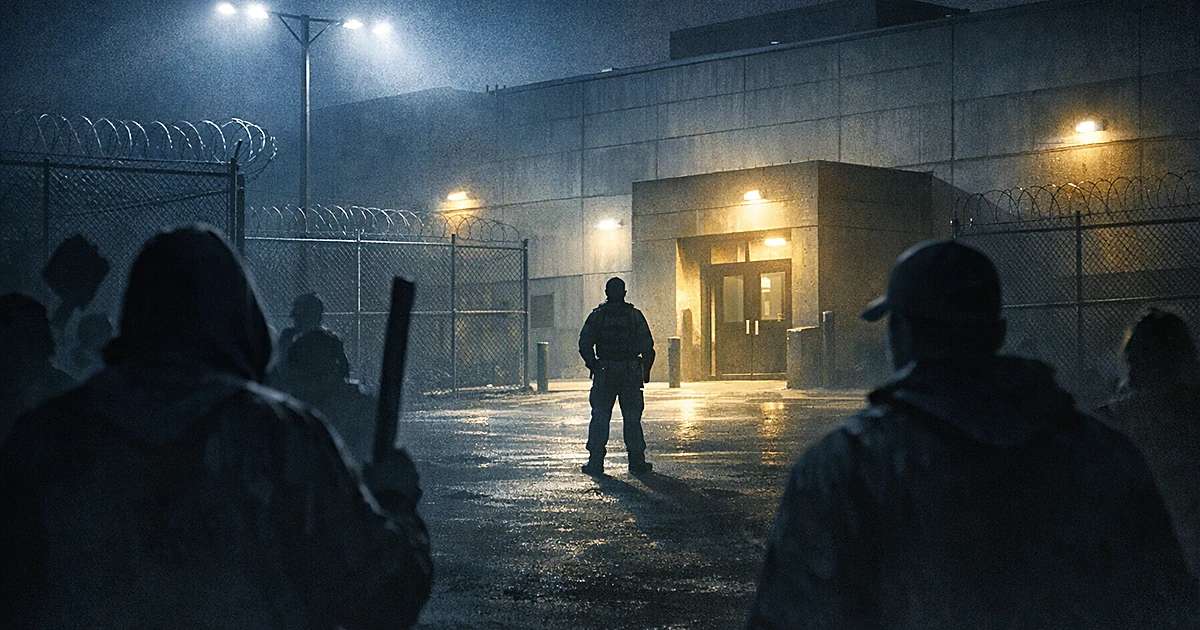 Silhouettes of protesters facing a detention facility at night with security lighting and fencing