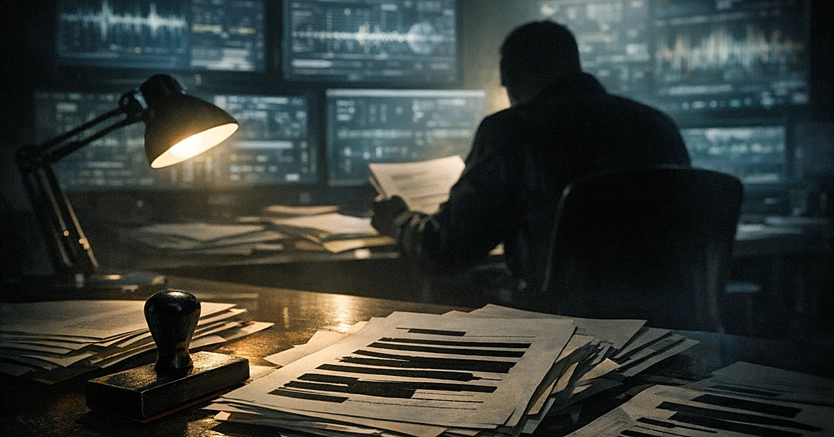 Silhouetted figure in surveillance room reviewing documents under desk lamp with monitors displaying data in background