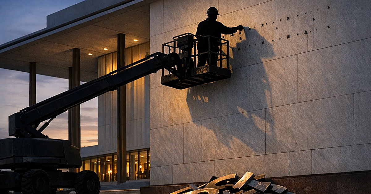 Silhouetted worker on lift removing large letters from modernist building facade, with removed letters piled below