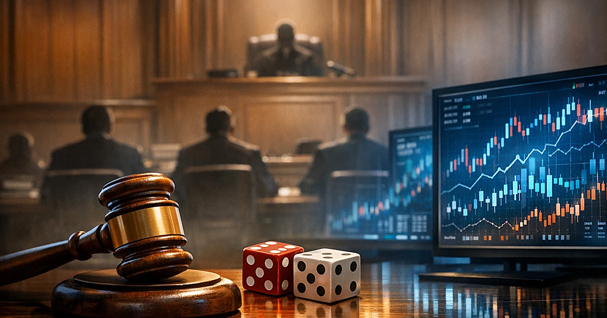 Courtroom scene with gavel between gambling dice and digital trading screens, silhouetted figures facing judge's bench