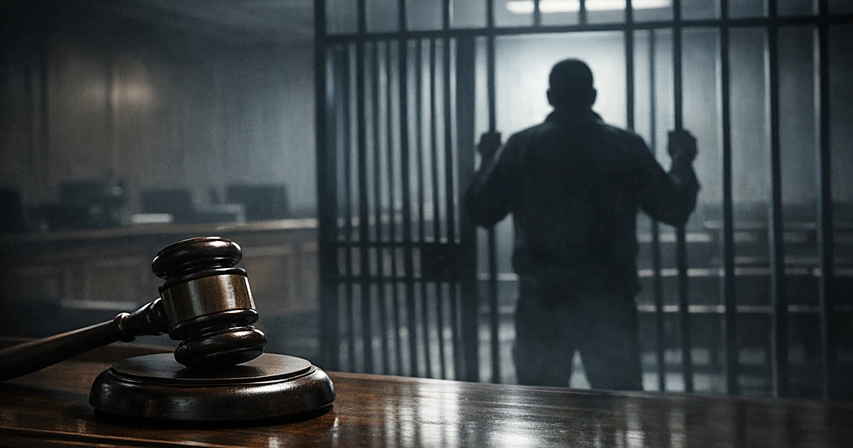 Judge's gavel on bench with silhouetted figure behind prison bars in empty courtroom with dramatic shadows