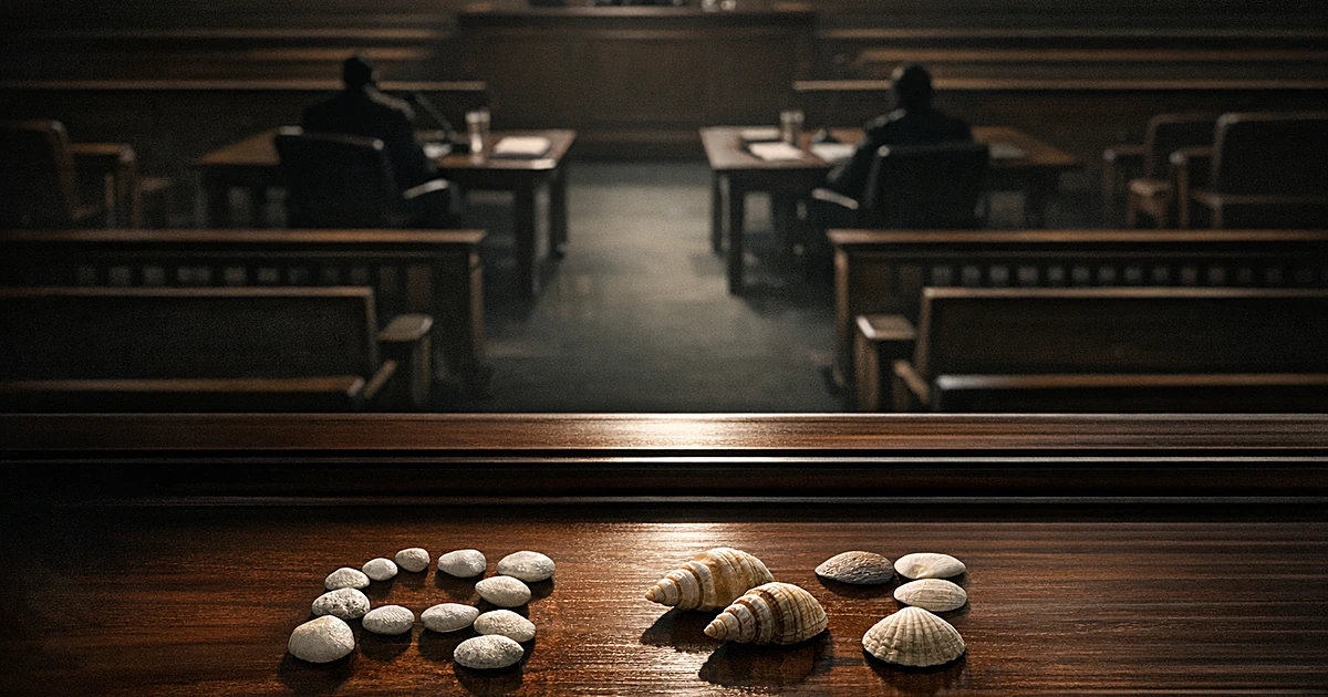 Seashells arranged on a courtroom bench with dramatic lighting casting shadows across the empty judicial chamber