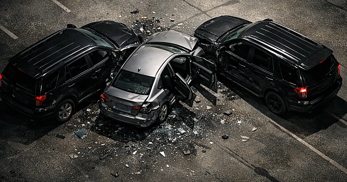 Overhead view of collision scene with vehicles and debris in urban parking lot, no people visible