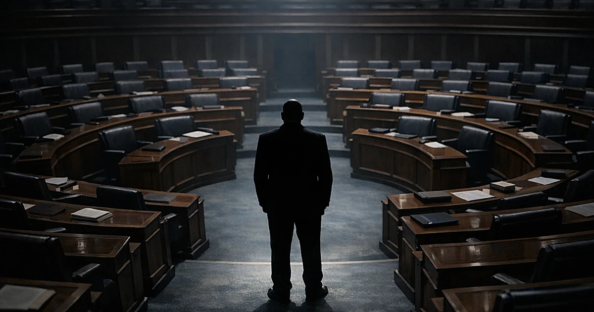 Silhouetted figure stands alone in center of empty legislative chamber with rows of vacant desks in shadows