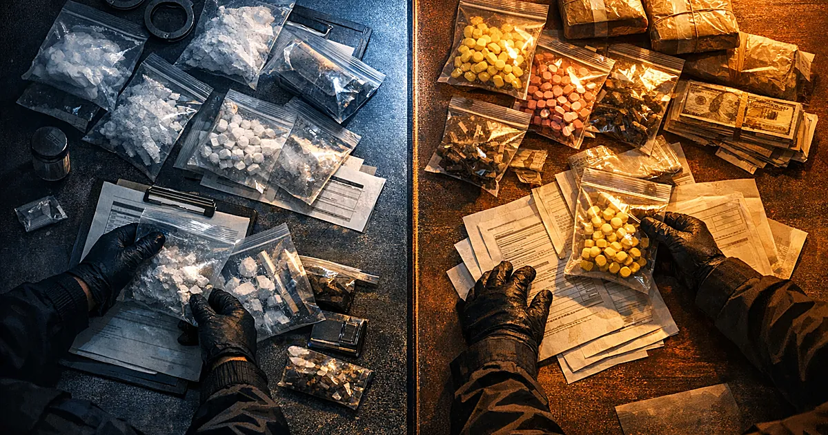 Evidence table with drug packages and documents being processed by hands from opposite sides under split lighting