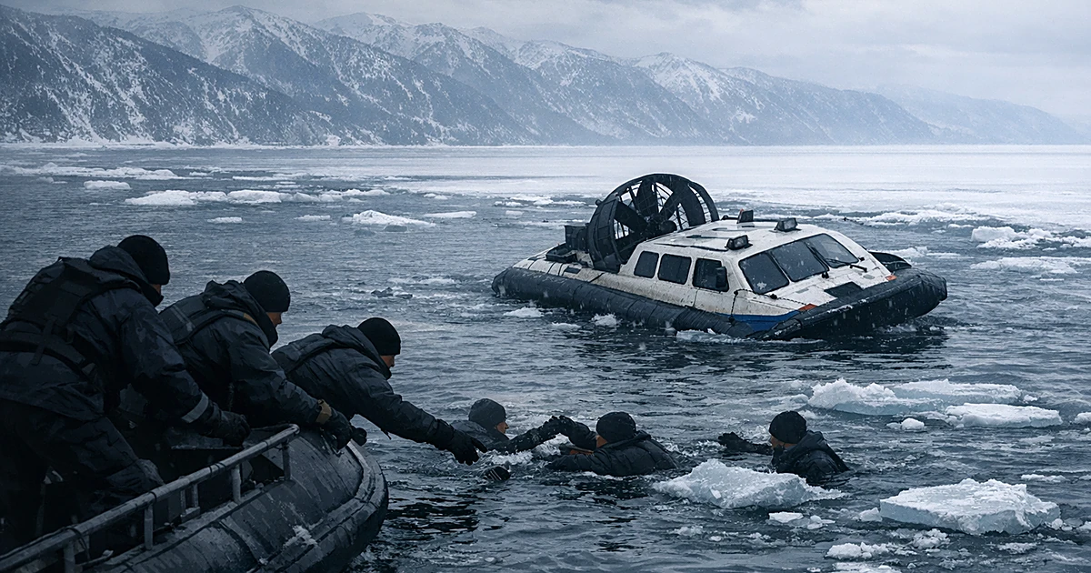 Capsized hovercraft in icy lake waters with silhouetted rescue workers reaching from boat toward people in water