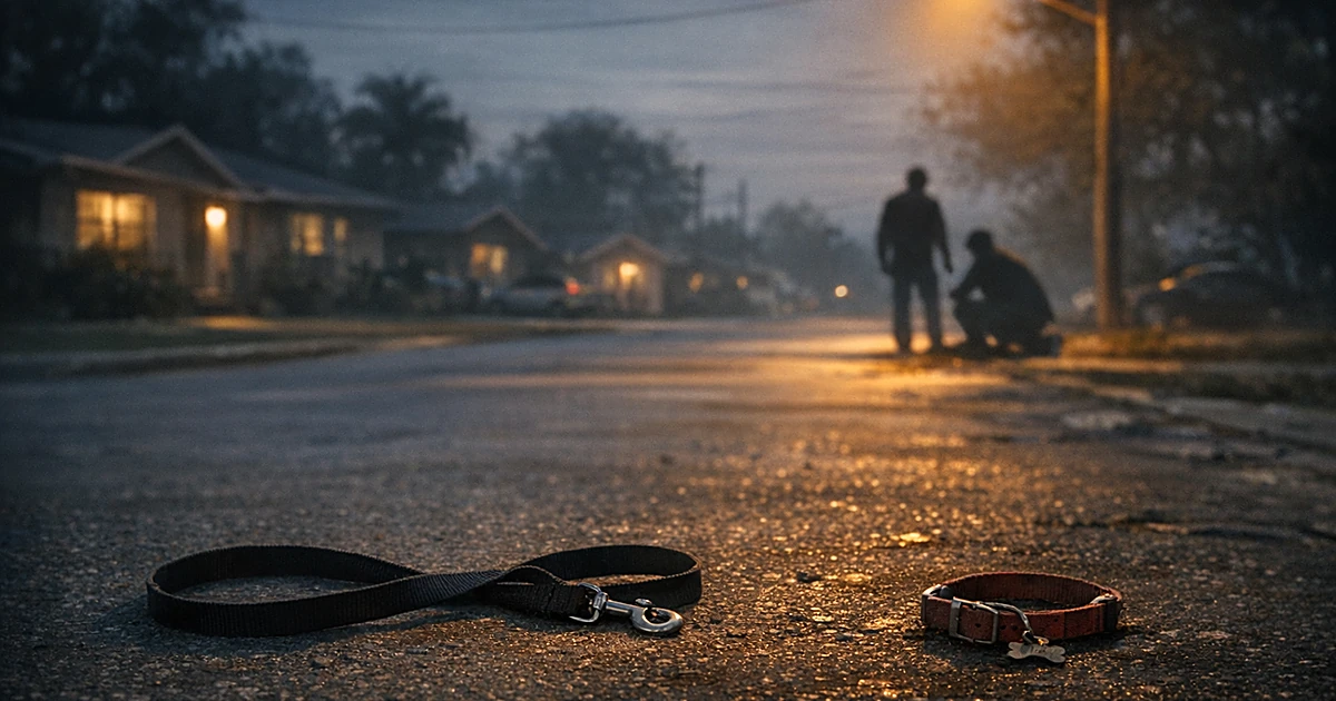 Empty leash on suburban street at dusk with houses silhouetted in background