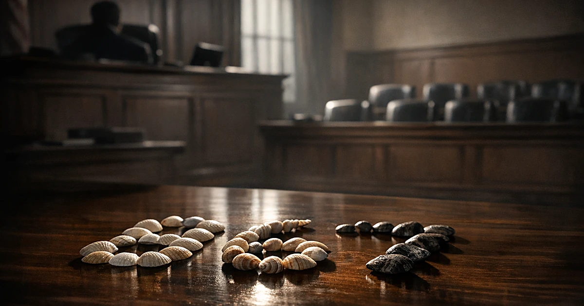 Empty courtroom with judge's bench and seashells arranged on a table in dramatic lighting