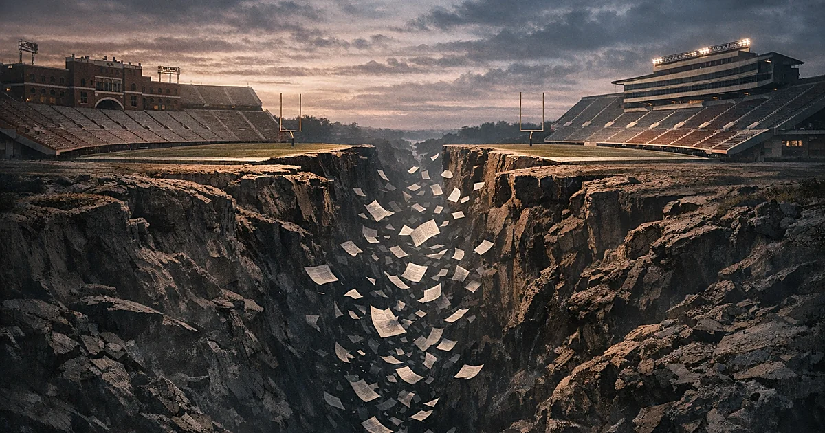Two football stadiums separated by a widening chasm with papers falling into the gap between them