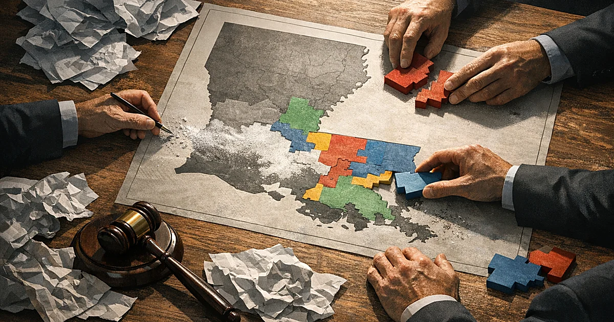 Hands redrawing Louisiana congressional district map on table with gavel, showing redistricting process