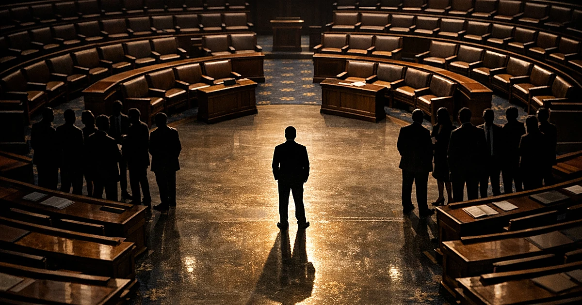 Aerial view of congressional chamber with opposing groups of silhouettes and one isolated figure standing between them