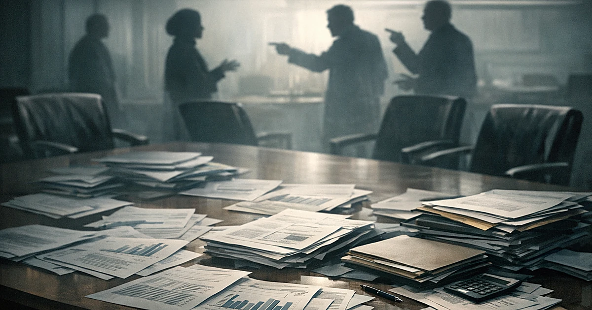 Empty conference table with scattered documents and silhouetted figures in background pointing at each other