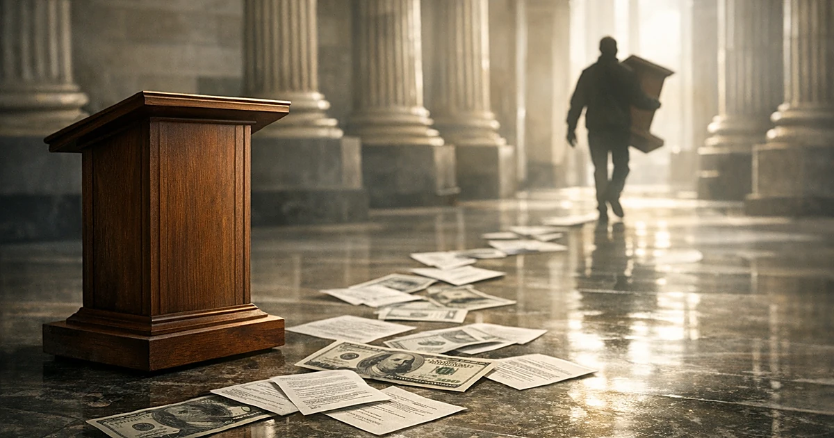 Silhouetted figure carrying lectern in marble rotunda with scattered money and documents on floor