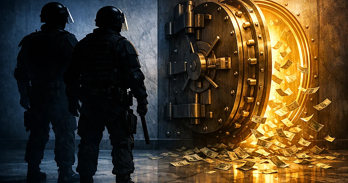 Silhouetted police officers face an open vault door spilling money, representing the controversial compensation fund dispute