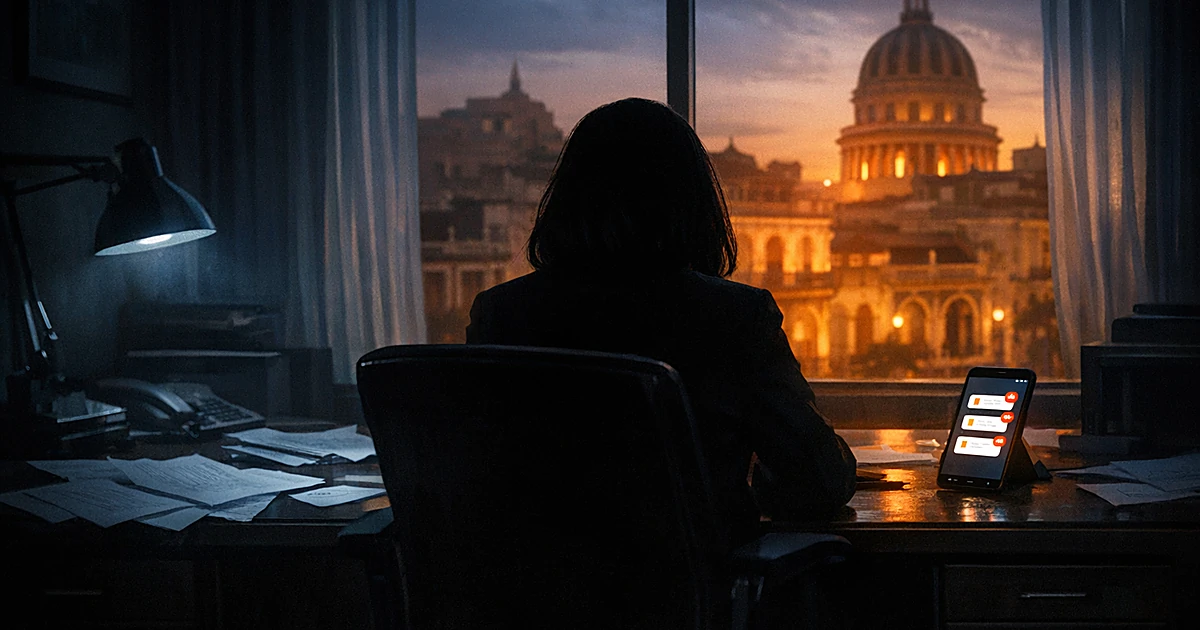 Silhouetted figure at desk with phone notifications, colonial architecture visible through window in evening light