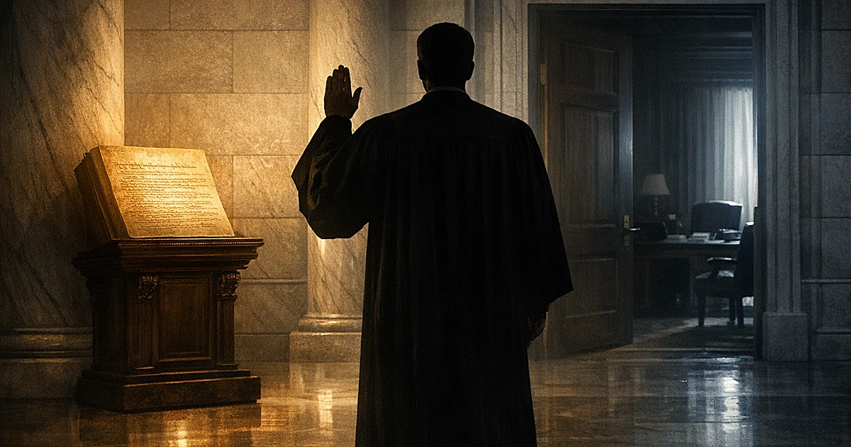 Silhouetted judge between glowing Constitution and executive office doorway, facing the Constitution