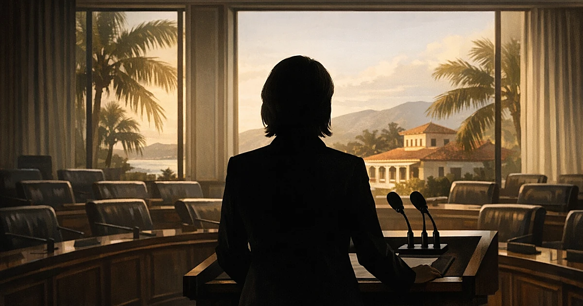 Silhouetted figure at podium facing empty diplomatic chamber with tropical Caribbean view through windows