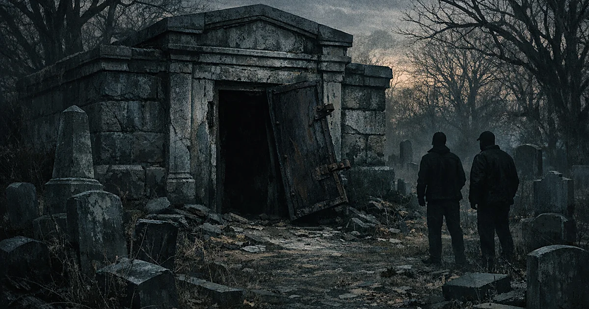 Open stone crypt with broken door in overgrown abandoned cemetery with crumbling headstones at dusk