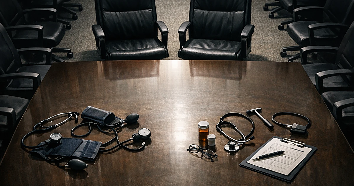 Empty conference table with vacant chairs and medical screening equipment scattered across surface in stark lighting