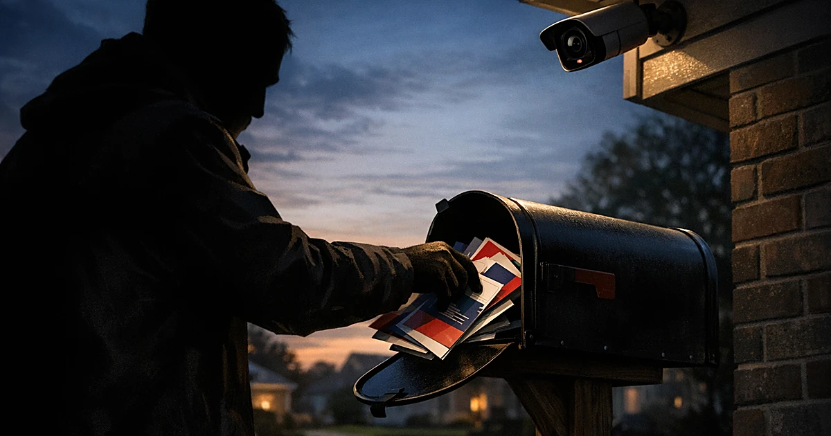Silhouetted person removing campaign materials from mailbox while security camera watches from house eave