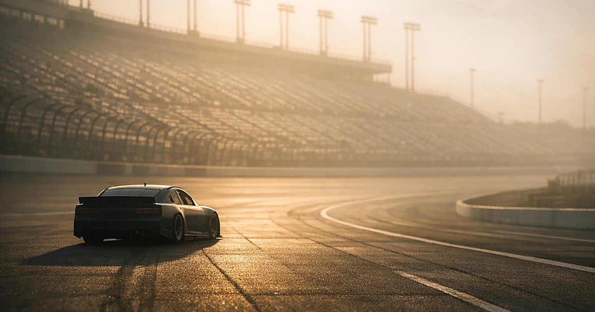 Empty NASCAR racetrack with single race car sitting motionless in golden afternoon light and vacant grandstands