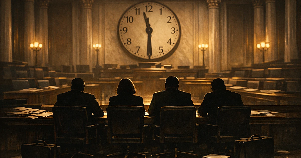 Empty government chamber with silhouettes of lawmakers seated at desks, clock on wall showing passage of time