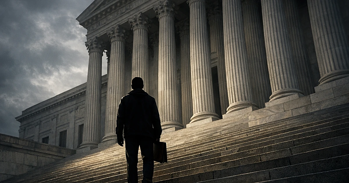 Person from behind facing tall courthouse columns with document folder, dramatic shadows on steps under gray sky