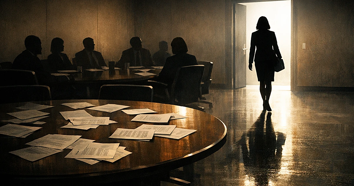 Silhouetted figure leaving a conference table where other silhouettes remain seated in a meeting room