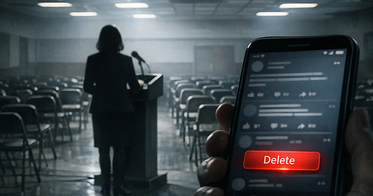Silhouette at podium facing empty chairs with smartphone showing delete button in foreground