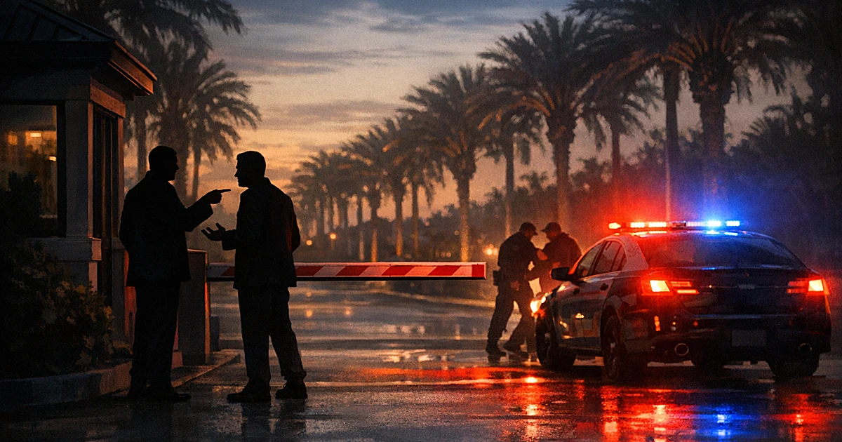 Silhouetted figures at security checkpoint with barrier arm and police vehicle lights at tropical entrance