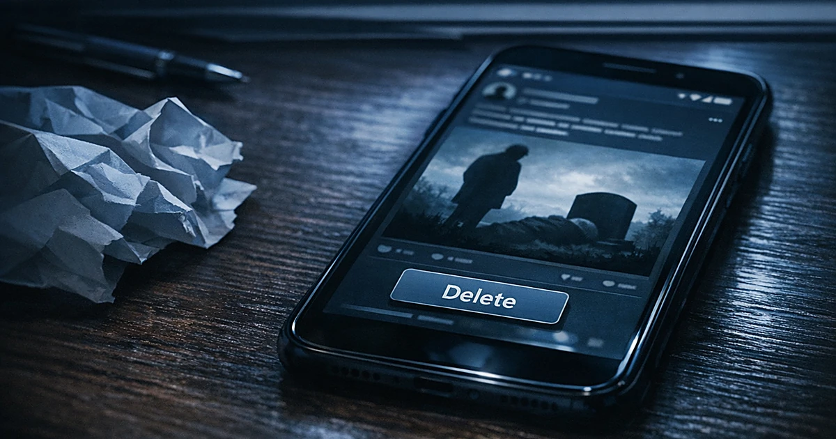 Smartphone displaying social media post with delete button, beside crumpled paper on dark desk in moody blue lighting