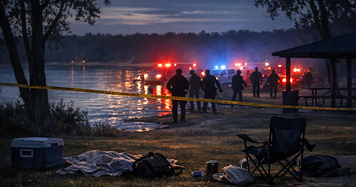 Abandoned picnic items scattered near lake with emergency lights flashing in background at dusk