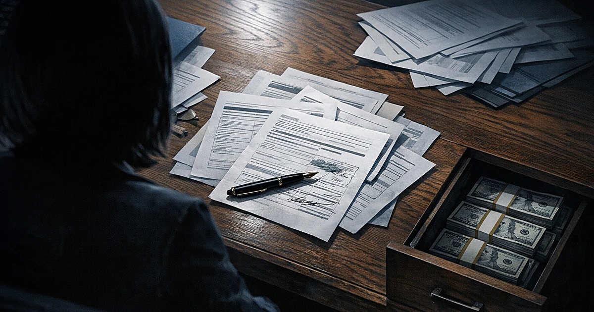 Overhead view of desk with scattered financial documents, cash bundles in drawer, and silhouetted figure from behind
