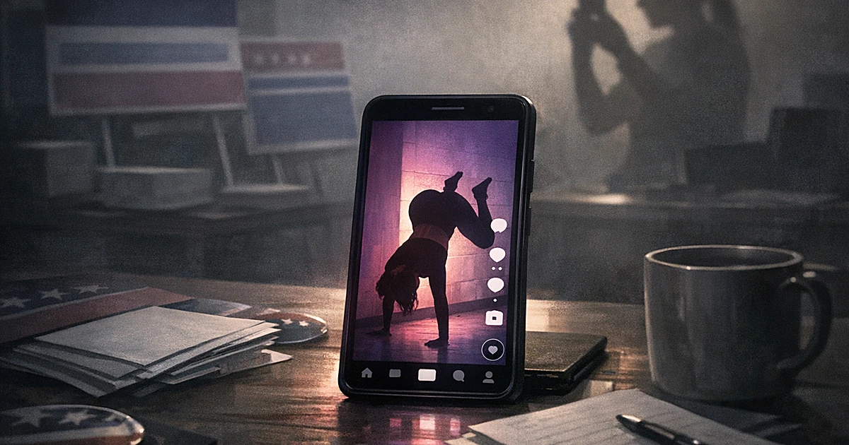 Smartphone displaying social media video app on desk with campaign materials in dim office setting