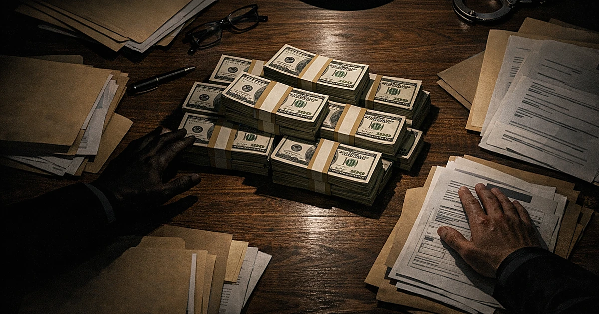 Overhead view of desk with cash bundles, documents, and silhouetted hands suggesting government fraud investigation