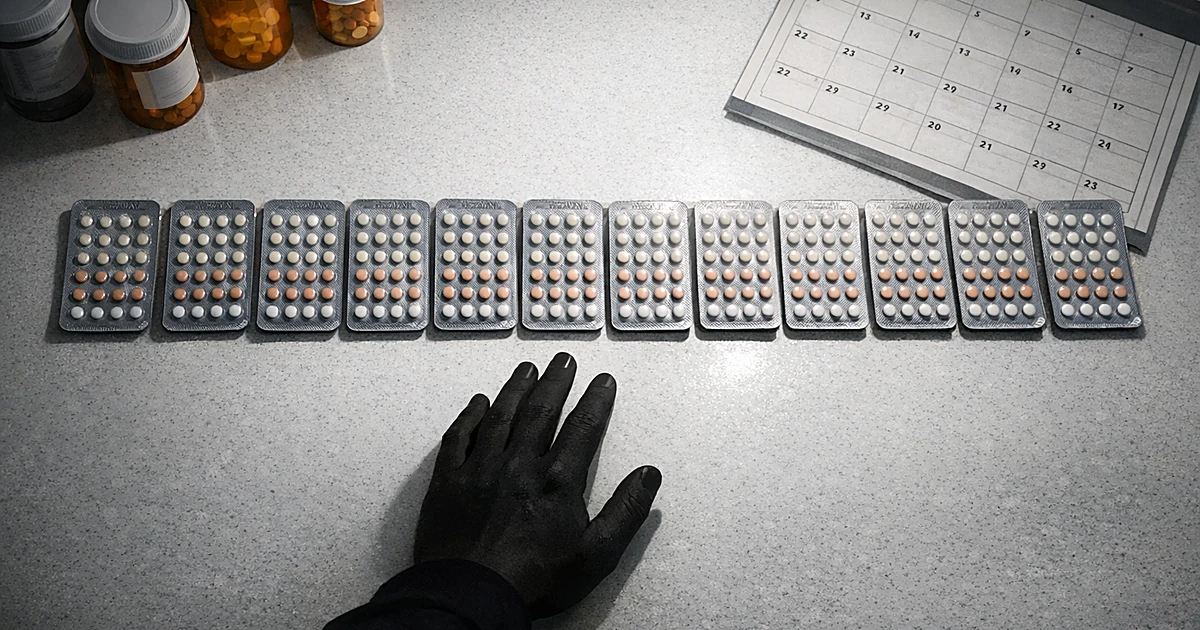 Overhead view of twelve birth control pill packs on pharmacy counter with silhouetted hand reaching toward them