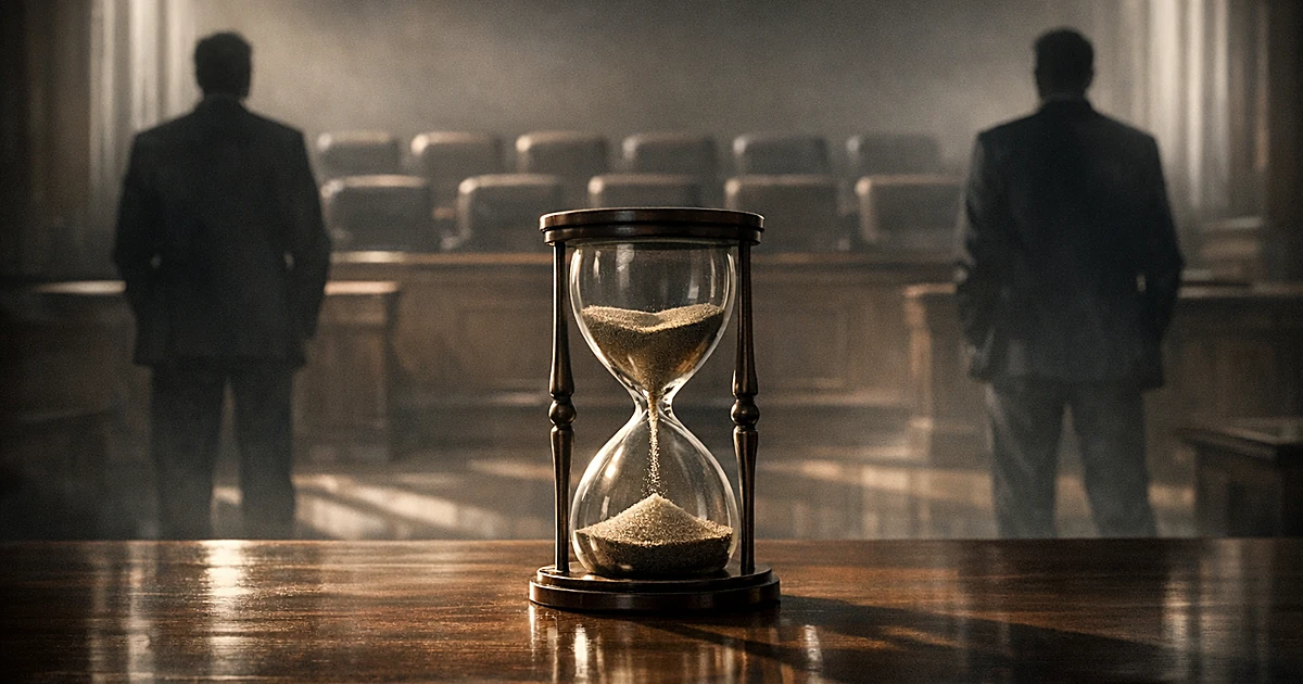 Hourglass on courtroom table with two silhouetted figures standing opposite each other in shadowy legal setting