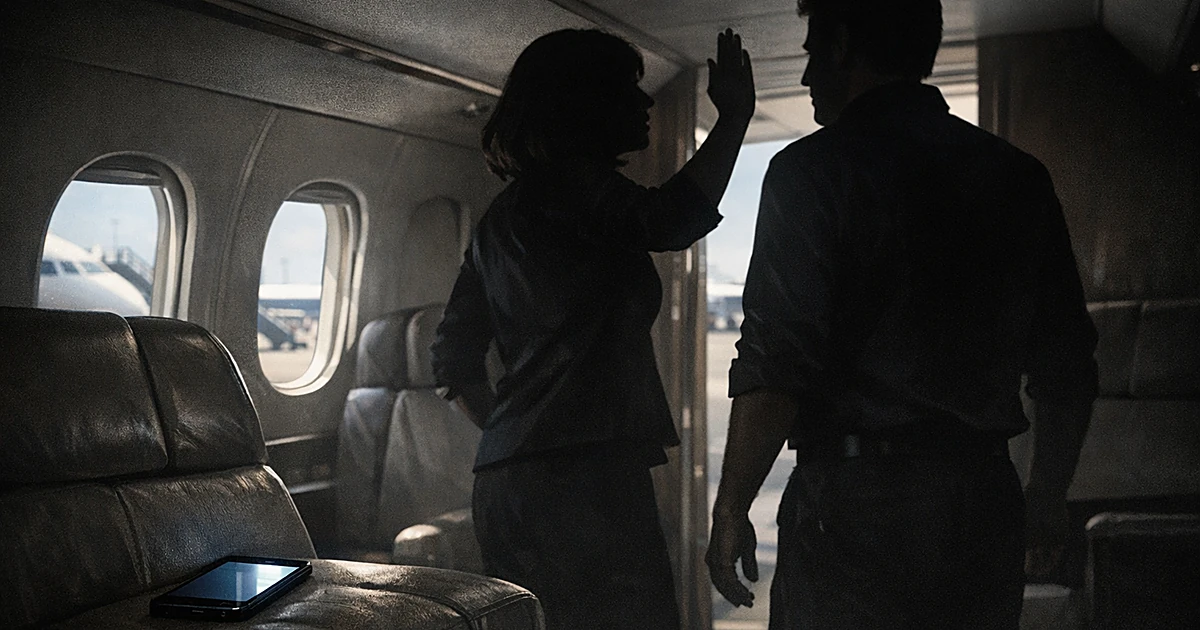 Two silhouetted figures in confrontation inside a private aircraft cabin with a glowing phone on a seat