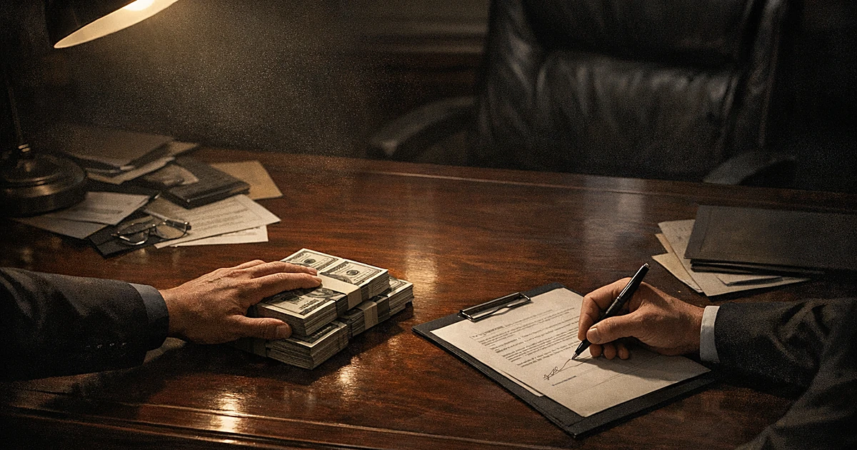 Hands exchanging cash and documents on a government office desk under dramatic lighting