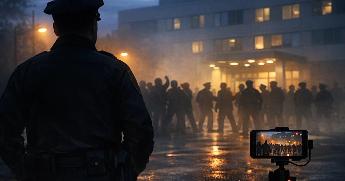Police officer silhouette facing hospital with protesters in background and smartphone recording the scene
